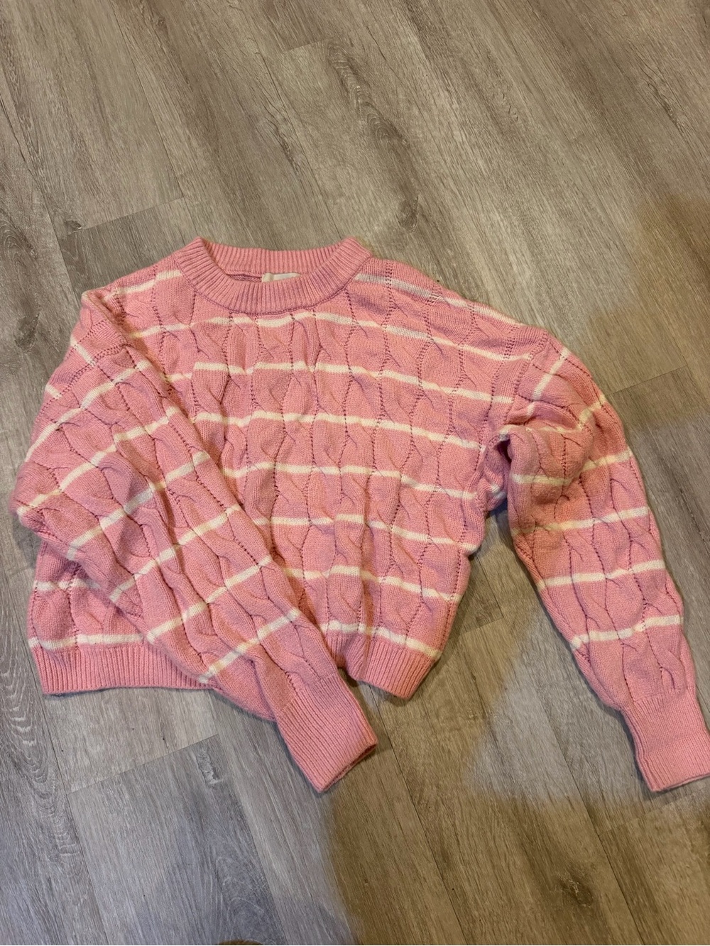 Pink Rose Pink & White Striped Cable Crewneck Sweater